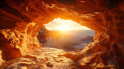 Majestic sandstone cave with sunlight streaming through an opening, highlighting rugged rock formations and intricate textures in a warm color palette with dramatic shadows.