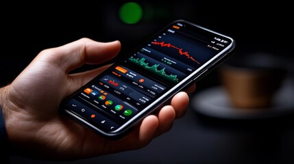 Trading on the Go:  A hand holding a smartphone displaying a stock trading app, with charts, data, and indicators. The screen reflects the dynamic nature of the market.