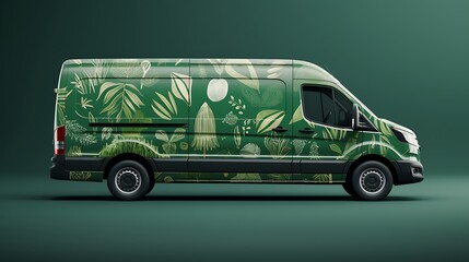 Wall Mural - A green van adorned with botanical illustrations.