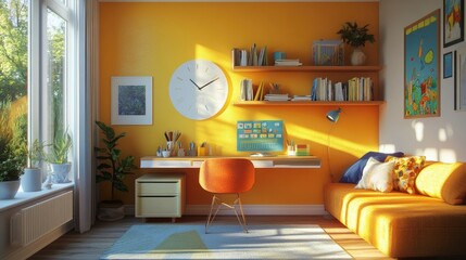 A compact wall-mounted kids' desk with colorful shelves, arranged in a small study area in a bright, modern children's room.