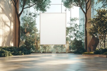 Wall Mural - Blank Canvas Hanging in a Modern Indoor Courtyard