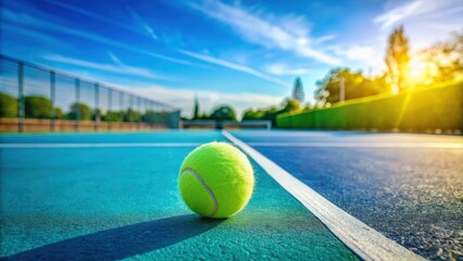 Landscape of a blue and green tennis court with a ball on it on a sunny day, Tennis court, blue, green, ball, sport, game