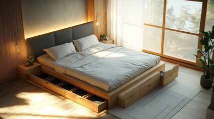 Wall Mural - A modern, minimalist bed frame with built-in storage drawers.