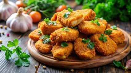 Wall Mural - Close-up of delicious chicken nuggets garnished with fresh parsley and garlic cloves , food, chicken, nuggets, parsley, garlic