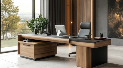 Wall Mural - A modern, minimalist desk with adjustable height and a built-in storage compartment.