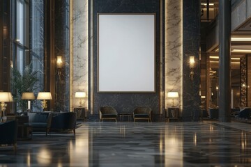 Wall Mural - Modern Lobby Interior with Large Blank Canvas and Marble Walls