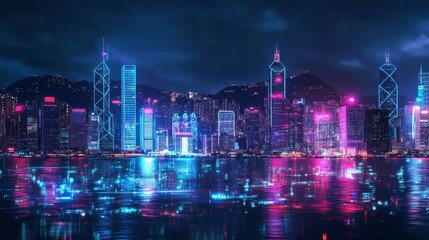 Poster - Smart network and Connection technology concept, Hong Kong digital city background at night in victoria harbour, Cyberpunk color style, Panorama view
