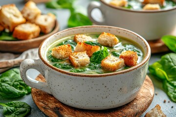 Wall Mural - Creamy Spinach Soup with Toasted Croutons in a White Bowl