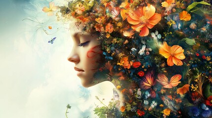 Artistic Representation of a Woman Intertwined with Flowers for Creative Projects