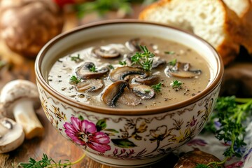 Wall Mural - Creamy Mushroom Soup in a Floral Bowl with Thyme and Pepper