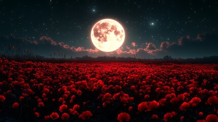 Wall Mural - full moon shining over a field of red flowers at night.