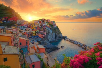 A colorful village by the sea at sunset. Vibrant colors and stunning views create a serene atmosphere. A beautiful coastal scene ideal for travel lovers. Generative AI