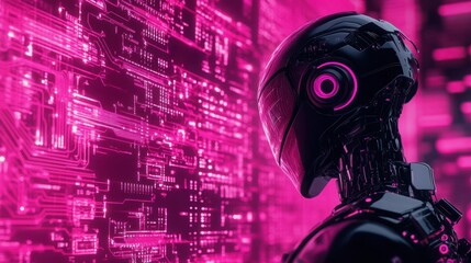 Wall Mural - a sleek, black robot stands against a backdrop of pink, glowing circuitry, a futuristic and technolo