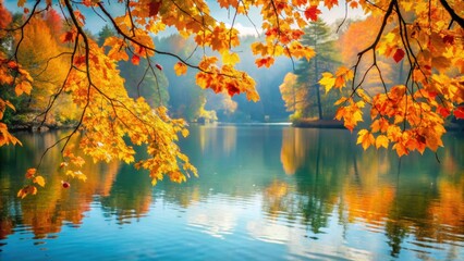 Wall Mural - Autumn leaves branches hanging over a tranquil lake , autumn, leaves, branches, lake, water, reflection, nature, fall