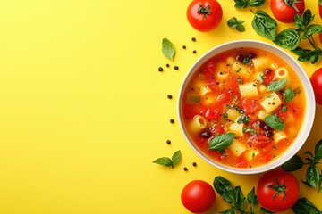 Wall Mural - Bowl of Tomato Soup with Pasta and Basil on a Yellow Background