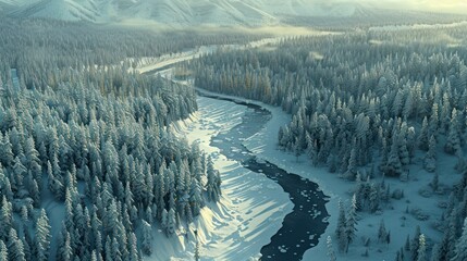 Wall Mural - Aerial View of a Snowy Forest