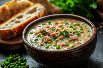 Wall Mural - A Bowl of Creamy Pea Soup with Ham and Parsley