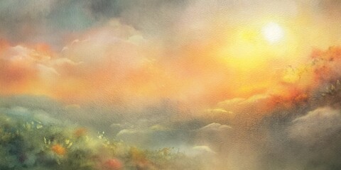 A serene sunset landscape banner featuring soft clouds, glowing light, and hills, with a grainy texture in watercolor style.
