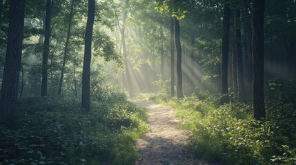 Wall Mural - Sunbeams shine through the trees in a misty forest, illuminating a path through the woods.