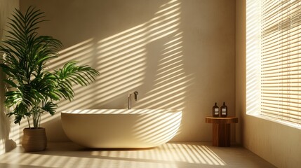 Wall Mural - Modern bathroom with bathtub and plant, sunlight through window blinds.