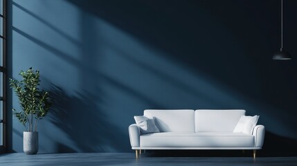 Wall Mural - Modern living room with white sofa and plant against a teal blue wall.