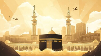 Wall Mural - A digital painting depicting the Kaaba in Mecca, Saudi Arabia, with two minarets in the background.