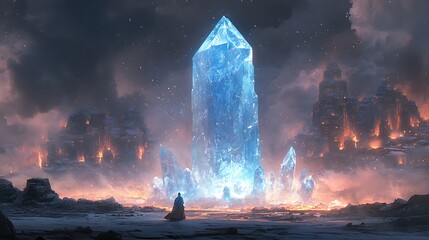 Wall Mural - A lone figure gazes in awe at a towering crystal glowing with a soft, blue light, amidst a backdrop of a fiery, apocalyptic landscape.