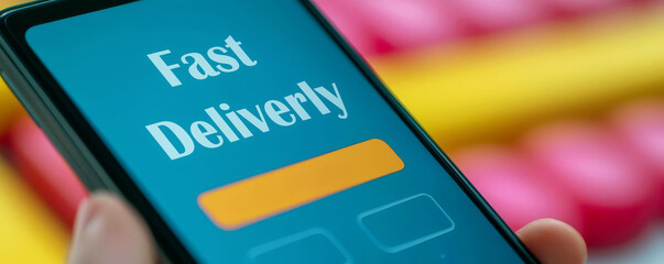 Mobile screen displaying fast delivery service interface with vibrant colors in the background.