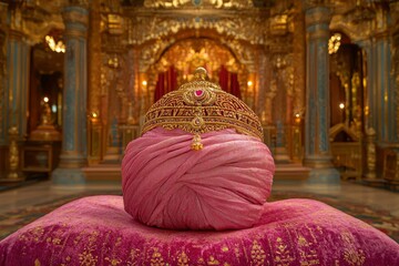 A Pink Turban with a Gold and Gemstone Crown Resting on a Cushioned Surface