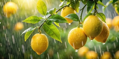 Wall Mural - Ripe lemons hanging on a tree with rain drops, nature background , lemons, ripe, tree, rain drops, nature, fresh, citrus