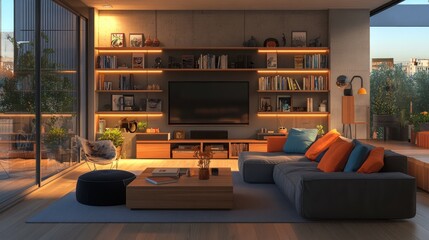 Wall Mural - Modern living room with a large sectional sofa, a coffee table, and a large flat-screen TV on a wall with shelves.  The room is lit with warm lighting and has a large window with a view of the city.