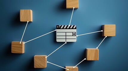 Wall Mural - The concept of entertainment technology is illustrated with a movie symbol on a wood block and the network connection of each user is shown with a white string. The background is blue. 3D rendering.