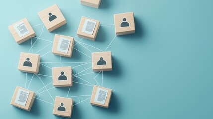 Wall Mural - Technology Concept with Word Documents on a Wooden Block. User Network Connections are represented with White Strings on a Blue Background.