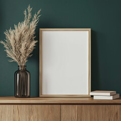 A blank white poster frame on a sideboard green background