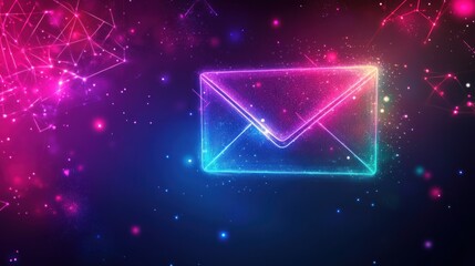 Wall Mural - digital glowing envelope icon on a dark blue background with pink and blue highlights.