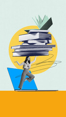 Woman balancing on one leg with stacks of books on head. Large laptop screen, symbolizing balance between learning and technology. Contemporary art collage. Concept of business and education, skills