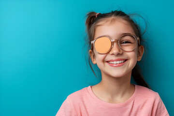 sick ill preteen girl looking at camera having protective bandage plaster patch scratch on one eye. 