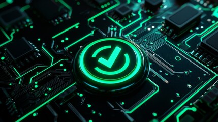 A green neon light power icon with a vibrant Activate technology symbol, on a black background with a high tech floor. 3D render.