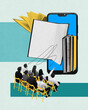 © master1305 - Group of seated people attentively watching large screen on smartphone, with floating books around it. Digital learning and collective education. Contemporary art. Concept of business and education