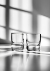 Two glasses are sitting on a table, one of which is half full