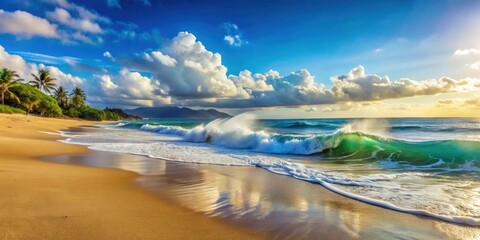 Beautiful landscape of a wide sea with slow motion waves splashing on a sandy beach in sunny Hawaii , water, foamy surface, sea