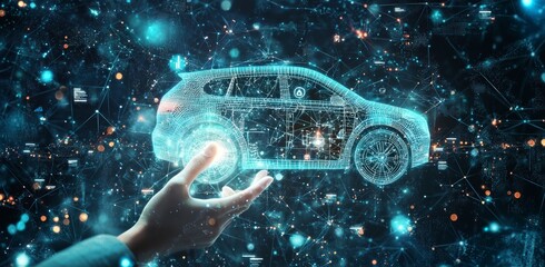 Concept for an electric vehicle displaying a technology screen with a hand pressing a button