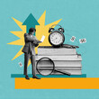 © master1305 - Businessman working on laptop with clock atop pile of books, highlighting time management in mastering knowledge and business strategy. Contemporary art collage. Concept of business and education
