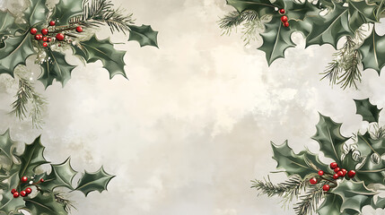 Classic Christmas background with traditional red and green colours, holly, and mistletoe