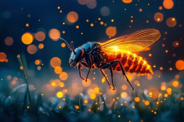 Wall Mural - Glowing Insect with Wings Spread in a Field of Lights