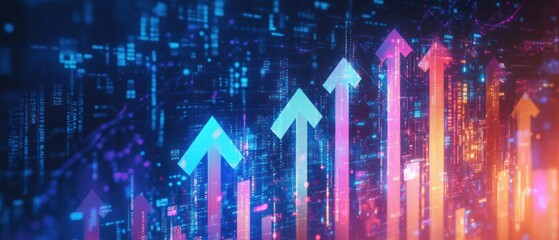 Abstract digital representation of growth with upward arrows and data patterns.