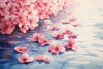 Canvas Print - Watercolor painting of cherry blossom petals floating on a gentle stream, reflecting the pastel sky of spring.


