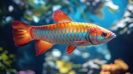 A red arowana fish swims in an illuminated blue aquarium.