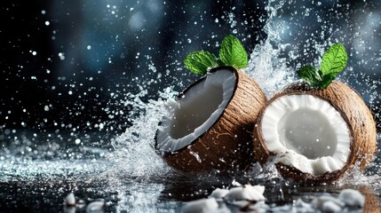 Fresh coconuts with mint leaves in water splash.