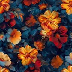 Wall Mural - Vibrant and lush floral bloom pattern featuring an array of colorful orange red and blue petals against a dark moody botanical background  The image has a rich luxurious and romantic aesthetic